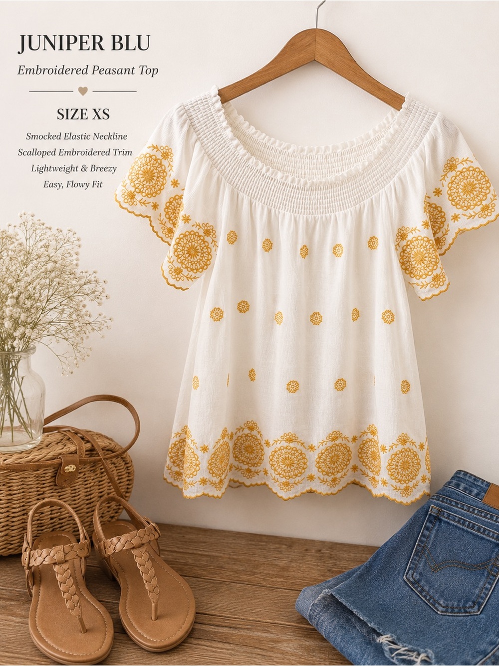 Juniper Blu White Embroidered Peasant Top XS
